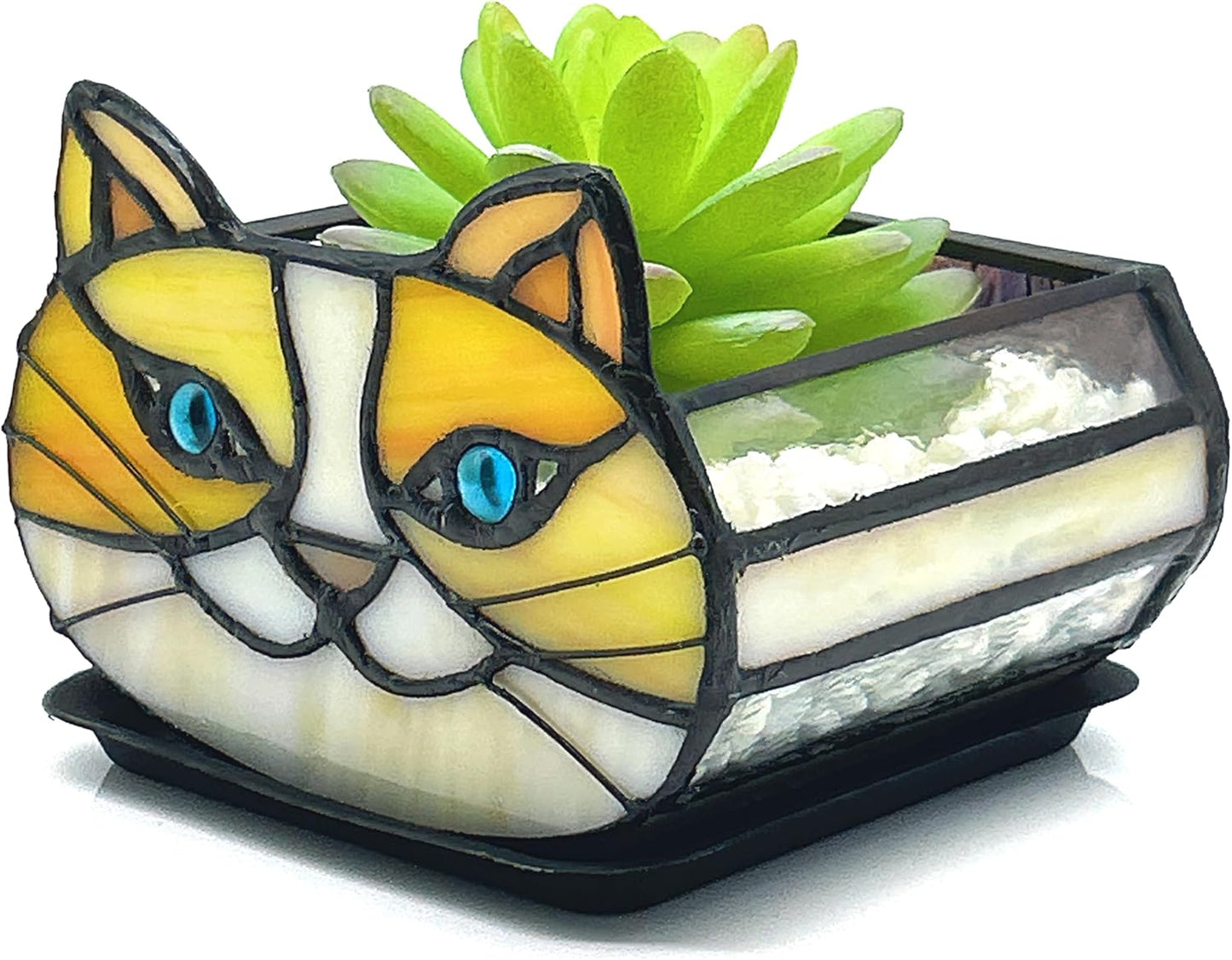 Tiffany Stained Glass Fun Moon Sleeping Cat Planter，Cactus Planter，Cute Planters for Indoor Plants,Decorative Flower Pots As Gifts for Cat Lovers，4.6x3x5.15 in