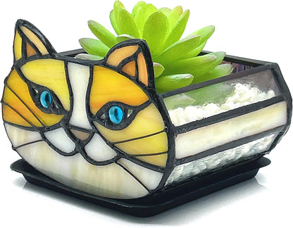 Tiffany Stained Glass Fun Moon Sleeping Cat Planter，Cactus Planter，Cute Planters for Indoor Plants,Decorative Flower Pots As Gifts for Cat Lovers，4.6x3x5.15 in