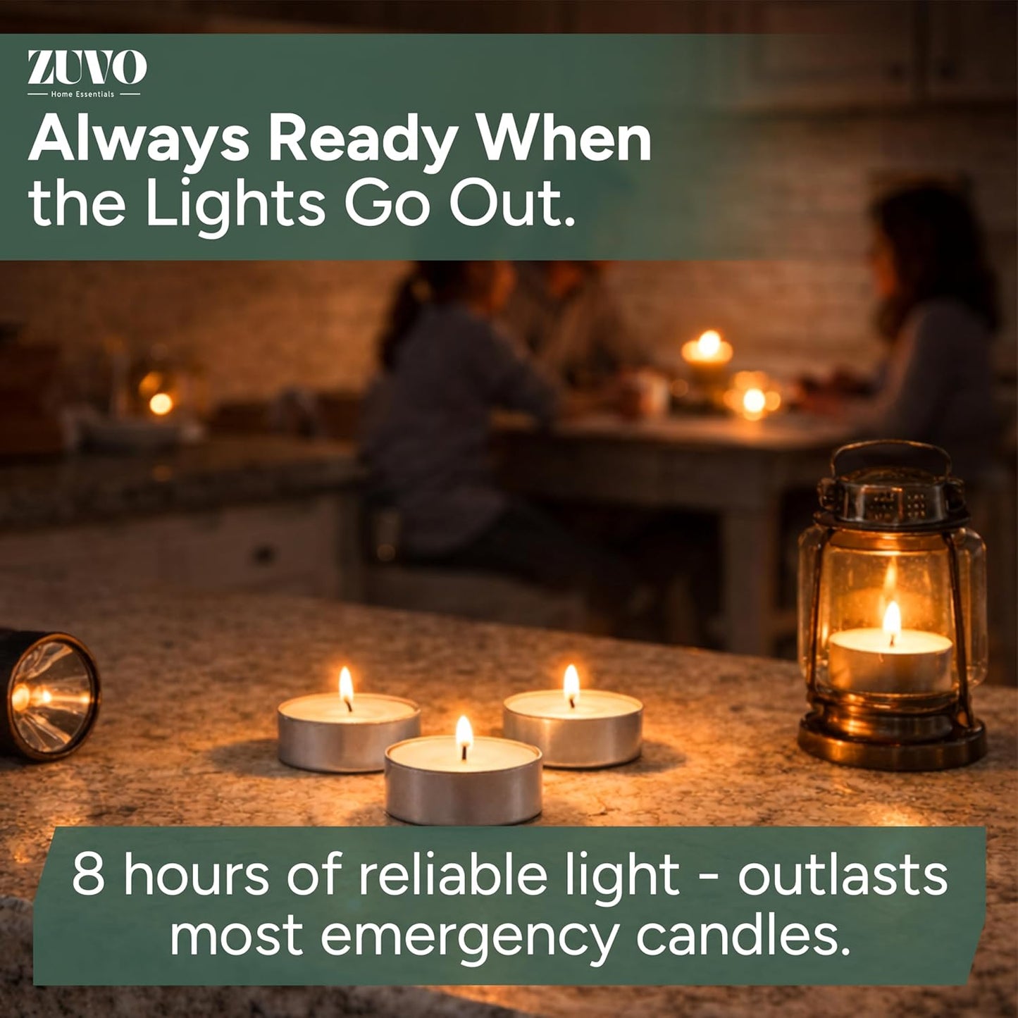 Zuvo Tea Lights Candles 8 Hour Burn (50 Pack) - Unscented White Tealight Candles, Long Burning Smokeless Tea Lights for Weddings, Home, Shabbat, Emergency - European Made, Lead-Free Cotton Wick