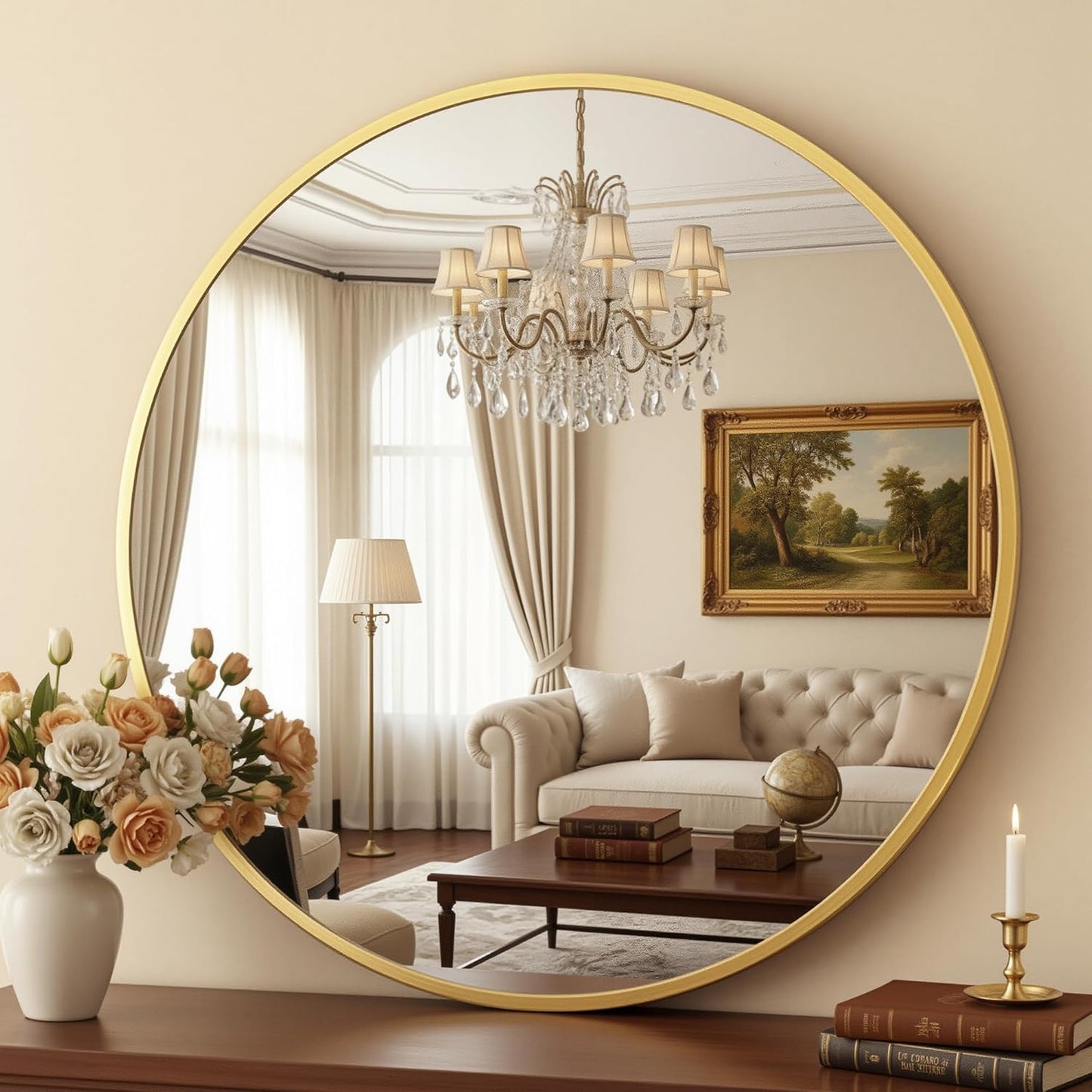 Antok 30 Inch Round Mirror for Wall, Round Bathroom Mirror, Circle Wall Mirrors with Black Metal Frame, Circle Mirrors Suitable for Wall, Bathroom, Vanity, Living Room, Entryway