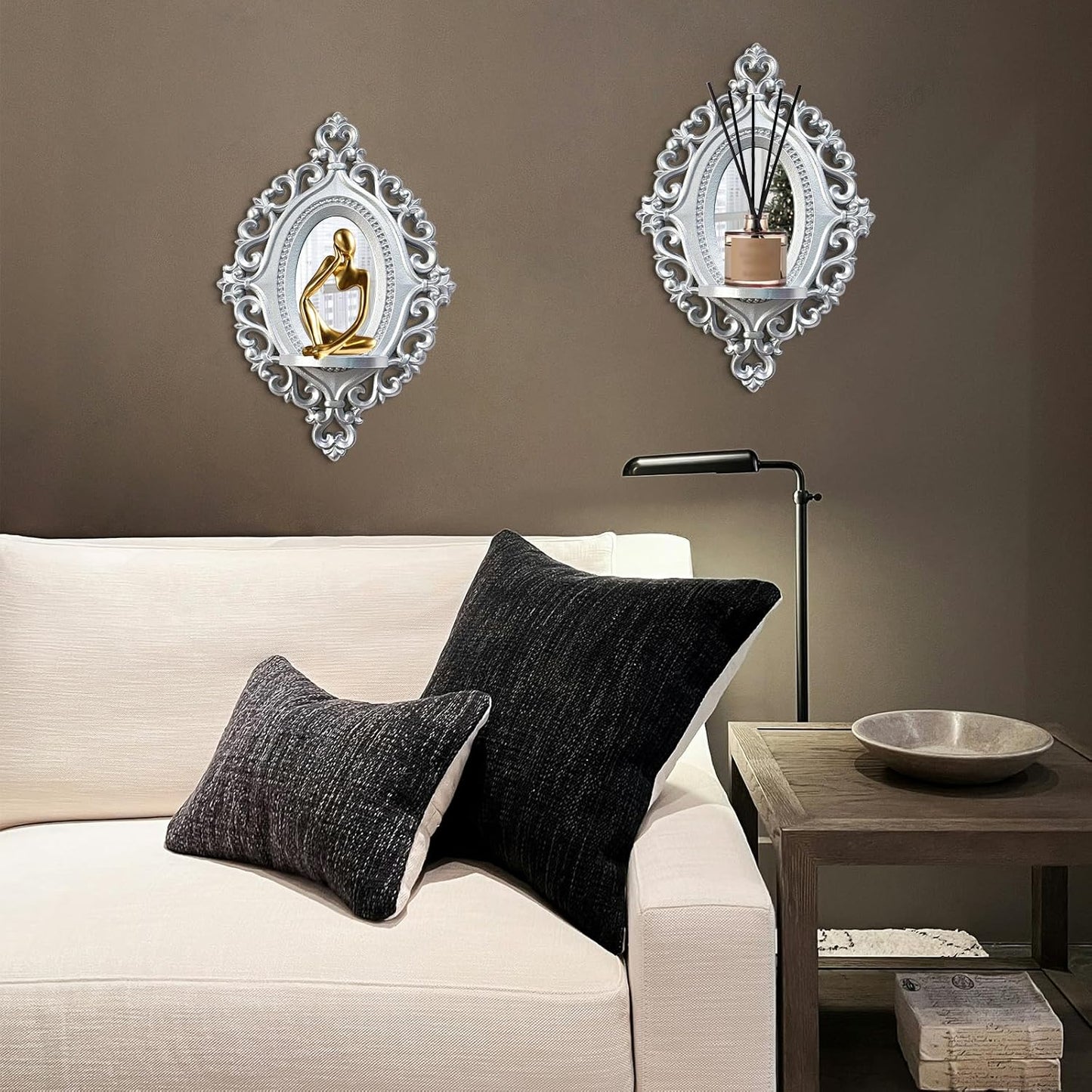 Three-Dimensional Relief Candle Sconces Set 2 Rustic Wall Mount Candle Holders Wood Hanging Wall Decor Mirrored Wall Art Hand Carved Home Decoration Gold