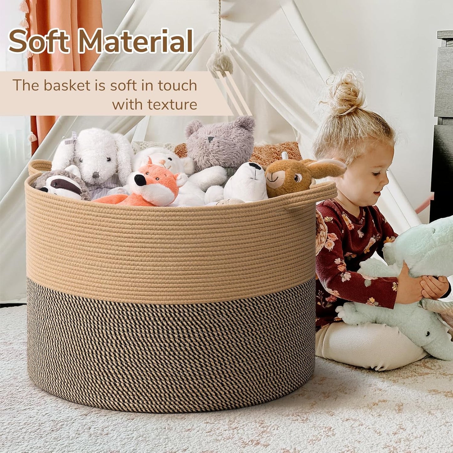 INDRESSME XXXLarge Blanket Basket for Living Room 21.7" x 21.7" x 13.8"-Storage Basket with Handle for Organizing Toy Pillows Woven Cotton Rope Laundry Basket Stuffed Animal Toy Storage for Play Room