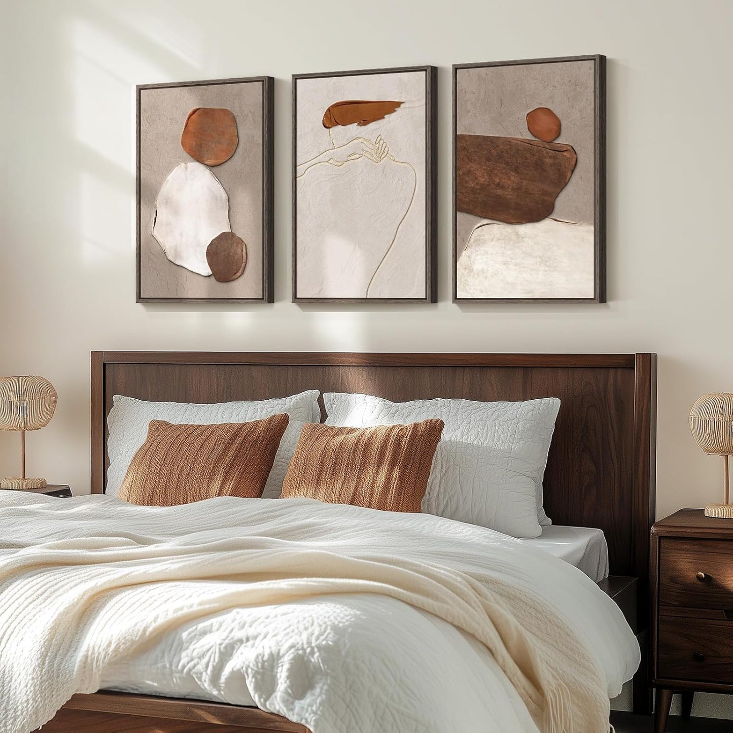Large Framed Neutral Abstract Wall Art for Living Room, 3 Piece Modern Canvas Prints Paintings Artwork for Walls, Black and Beige Pictures for Living Room Hallway Stair Office Wall Decor 24x36 Inch