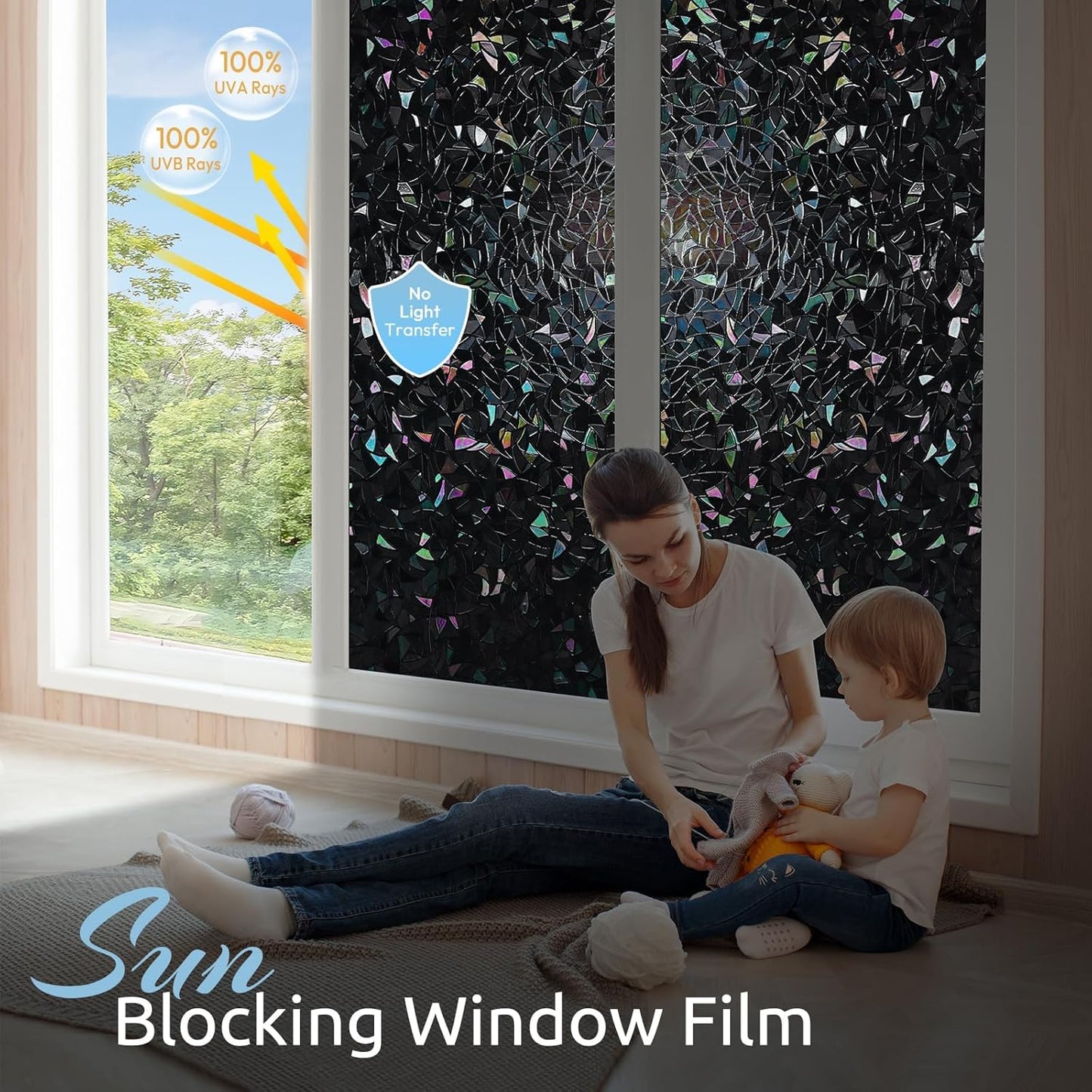 rabbitgoo Window Privacy Film Rainbow Film Decorative Window Sticker, 3D Static Stained Glass Cling Tint for Home Heat Control Non-Adhesive, 17.5 x 78.7 inches