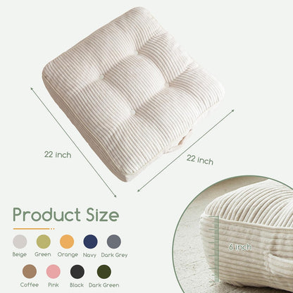 HIGOGOGO 6" Extra Thick Floor Pillow Cushion for Adults, Meditation Cushion Pillow, Large Square Floor Sitting, Tufted Corduroy Cover, for Tatami Living Room or Yoga, 22x22 Inch, 2Pack, Dark Grey