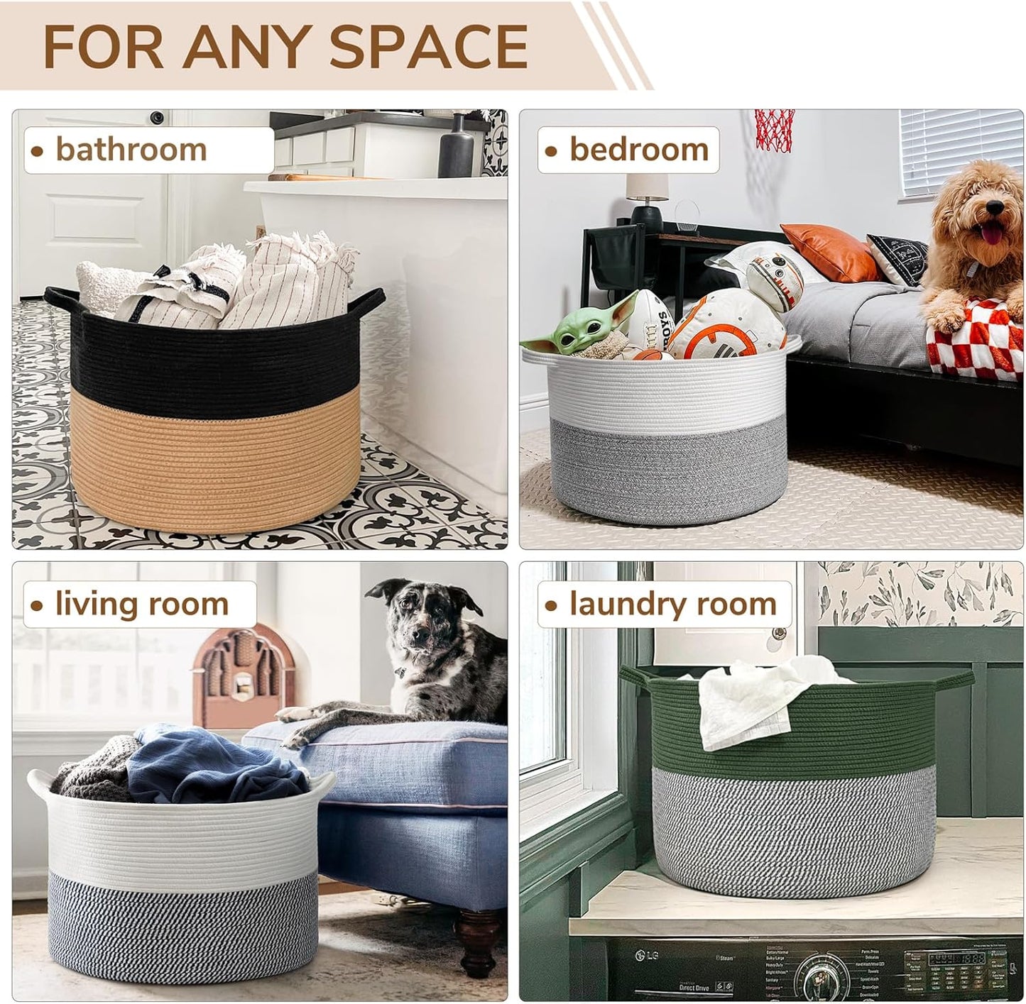 INDRESSME XXXLarge Blanket Basket for Living Room 21.7" x 21.7" x 13.8"-Storage Basket with Handle for Organizing Toy Pillows Woven Cotton Rope Laundry Basket Stuffed Animal Toy Storage for Play Room