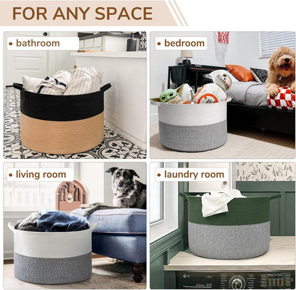 INDRESSME XXXLarge Blanket Basket for Living Room 21.7" x 21.7" x 13.8"-Storage Basket with Handle for Organizing Toy Pillows Woven Cotton Rope Laundry Basket Stuffed Animal Toy Storage for Play Room