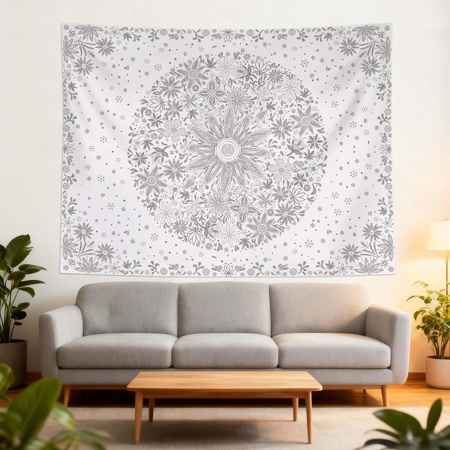 Neasow Bohemian Tapestry Wall Hanging, Beige White Floral Tapestry with Dotted Daisy Medallion Print Bedroom Boho Hippie Home Decor, 36×48 inches