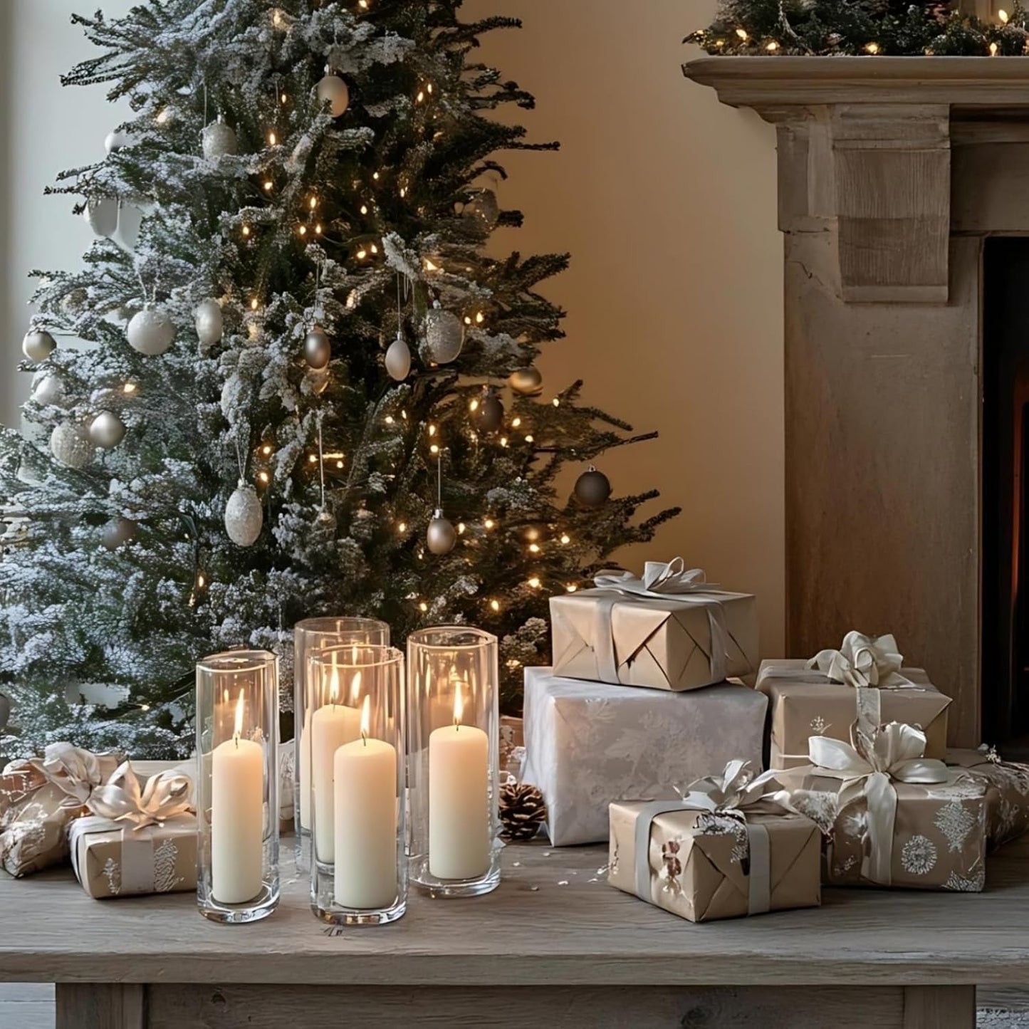 24 Pcs White Pillar Candles with Glass Candle Holder Hurricane Glass Candle Holders Clear Cylinder Vases for Centerpieces Wedding Office Party Home Table Decor