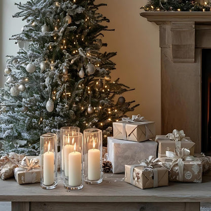 24 Pcs White Pillar Candles with Glass Candle Holder Hurricane Glass Candle Holders Clear Cylinder Vases for Centerpieces Wedding Office Party Home Table Decor