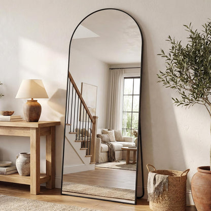 Antok 71" x28” Arched Full Length Floor Mirror, Black Aluminum Frame, Free Standing/Wall Mount/Leaning for Bedroom, Living Room, Dressing Room