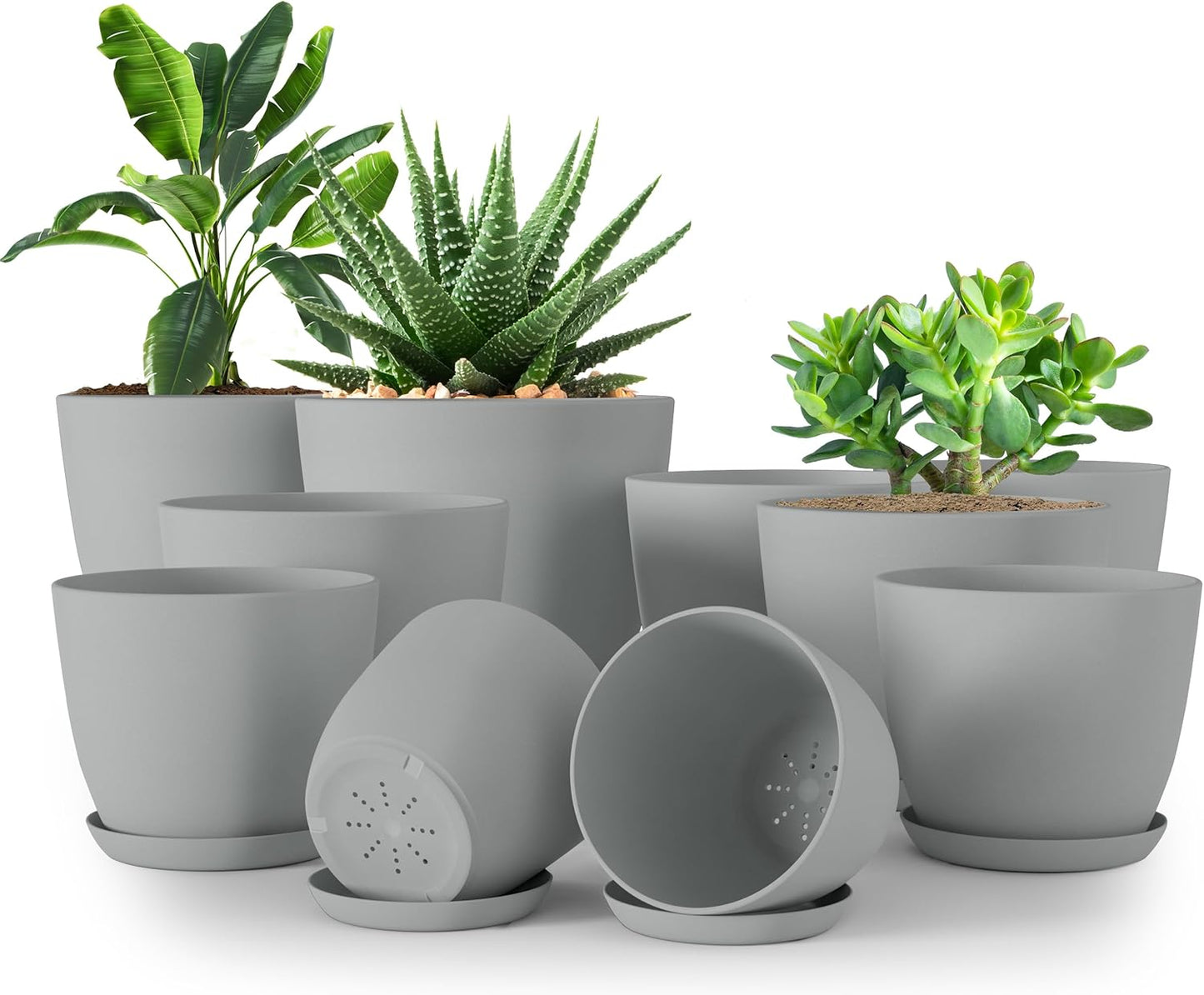 Utopia Home Plant Pots Indoor with Drainage Holes – Set of 5 White Plastic Flower Pots (7/6.6/6/5.3/4.8 Inch) – Modern Planters for Indoor Plants, Room & Office Décor, Great Stocking Stuffers