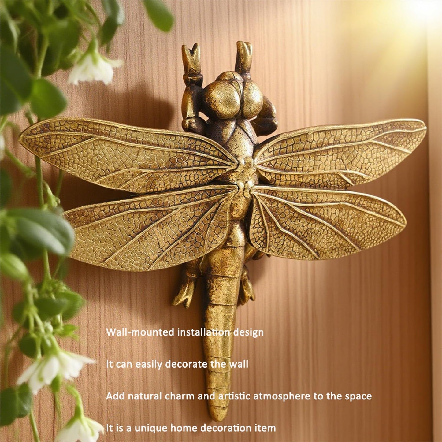 Gold Bee Figurines, 3D Hanging Honey Bee Wall Sculpture, Golden Resin insect Wall Mounted Decoration, Artwork Decor for Living Room (Antique Gold)