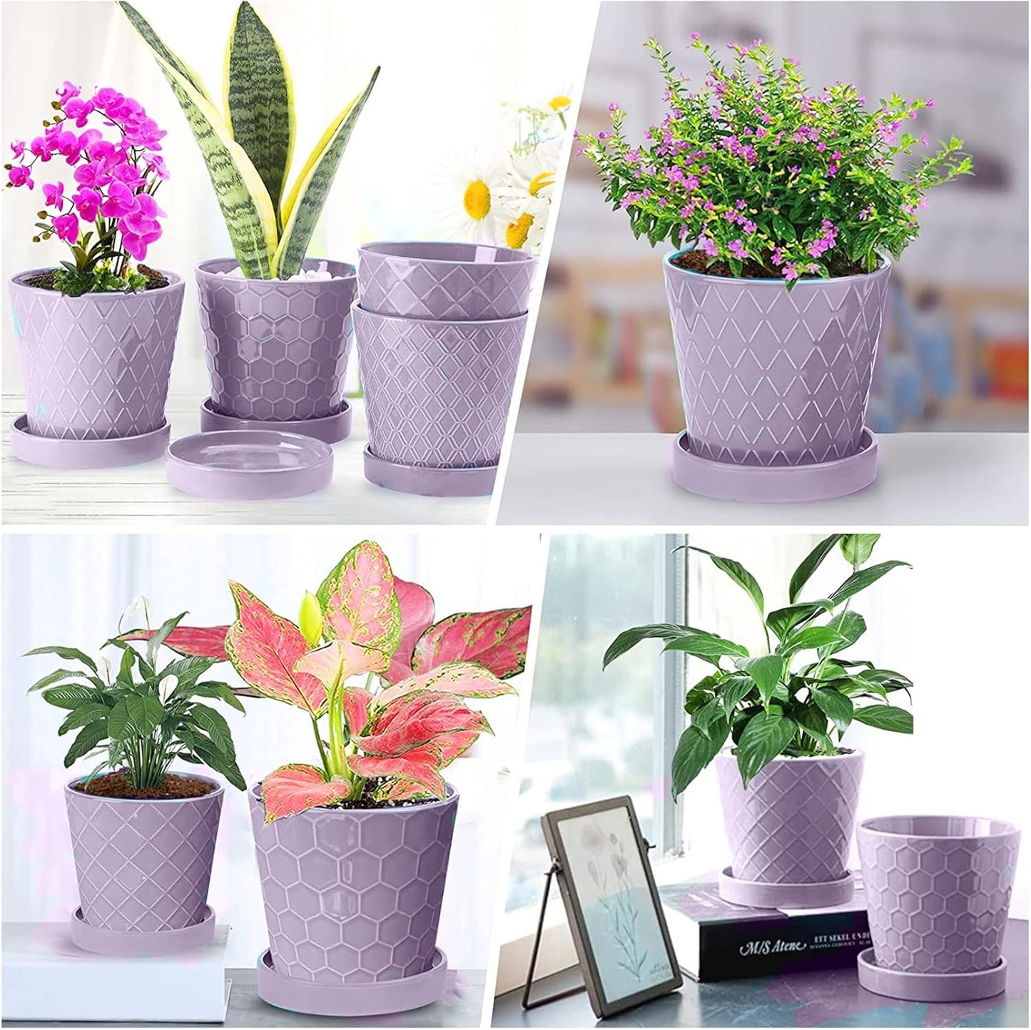 BUYMAX Plant Pots Indoor –5 inch Ceramic Flower Pot with Drainage Hole and Ceramic Tray - Gardening Home Desktop Office Windowsill Decoration Gift, Set of 4-Plants NOT Included (Patina)
