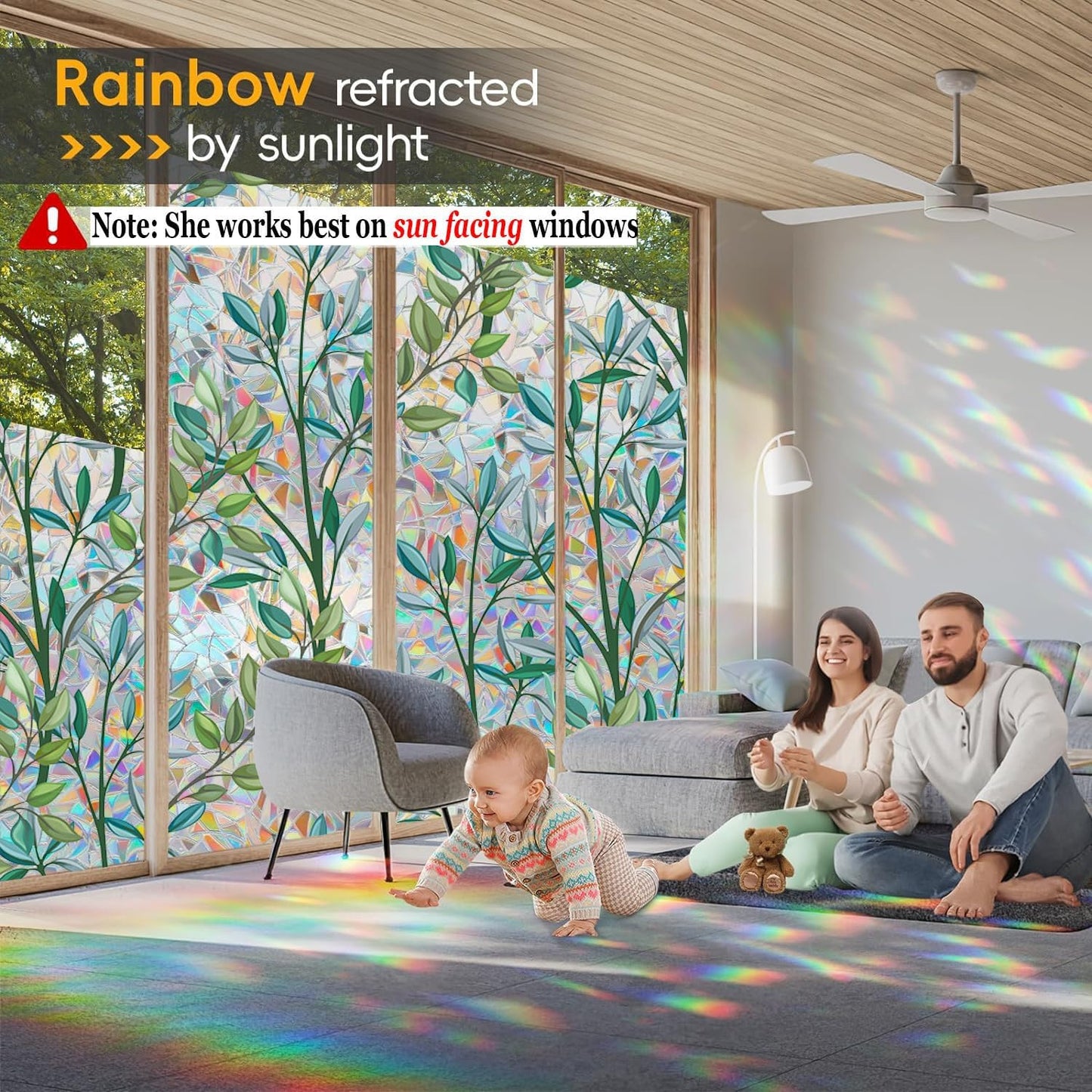 Dwersty Rainbow Window Privacy Film with Cutting Reference Line, 3D Decals Stained Glass Clings, Static Cling Sticker, Suncatcher Windows Cover Tint for Home, 17.5 Inch x 78.74 Inch