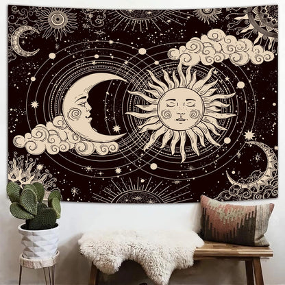 Wonrizon Sun and Moon Tapestry, Aesthetic Black Dark Spiritual Tapestries Mystic Burning Sun with Clouds Star Wall Hanging decor for Bedroom (51.2" x 59.1")