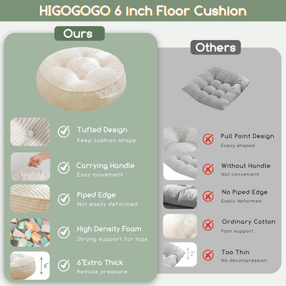 HIGOGOGO 6" Extra Thick Floor Pillow Cushion for Adults, Meditation Cushion Pillow, Large Square Floor Sitting, Tufted Corduroy Cover, for Tatami Living Room or Yoga, 22x22 Inch, 2Pack, Dark Grey