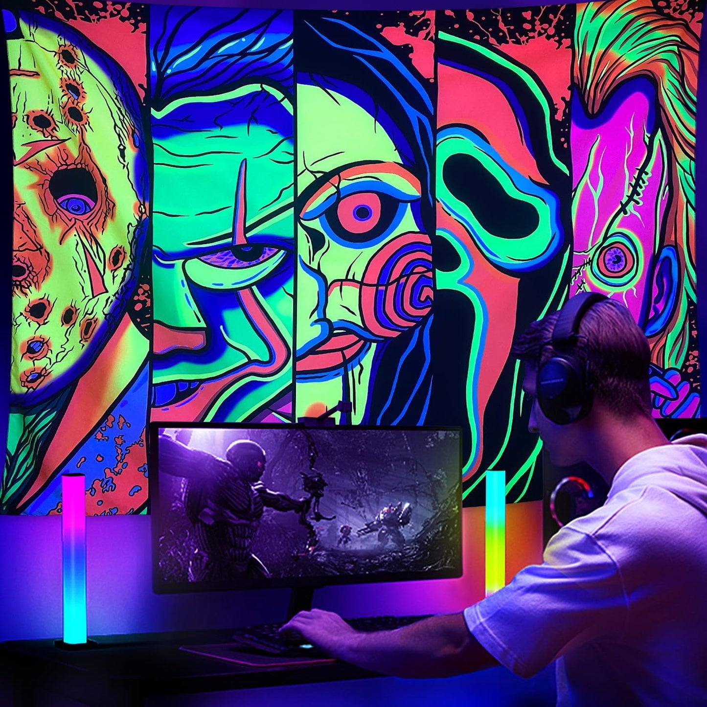 ARTCREATOR Black Light Art Halloween Wall Decor Trippy Blacklight Horror Face Tapestry, UV Reactive Tapestries Glow in The Dark Party Tapestry for Bedroom, Living Room (29" x 37")