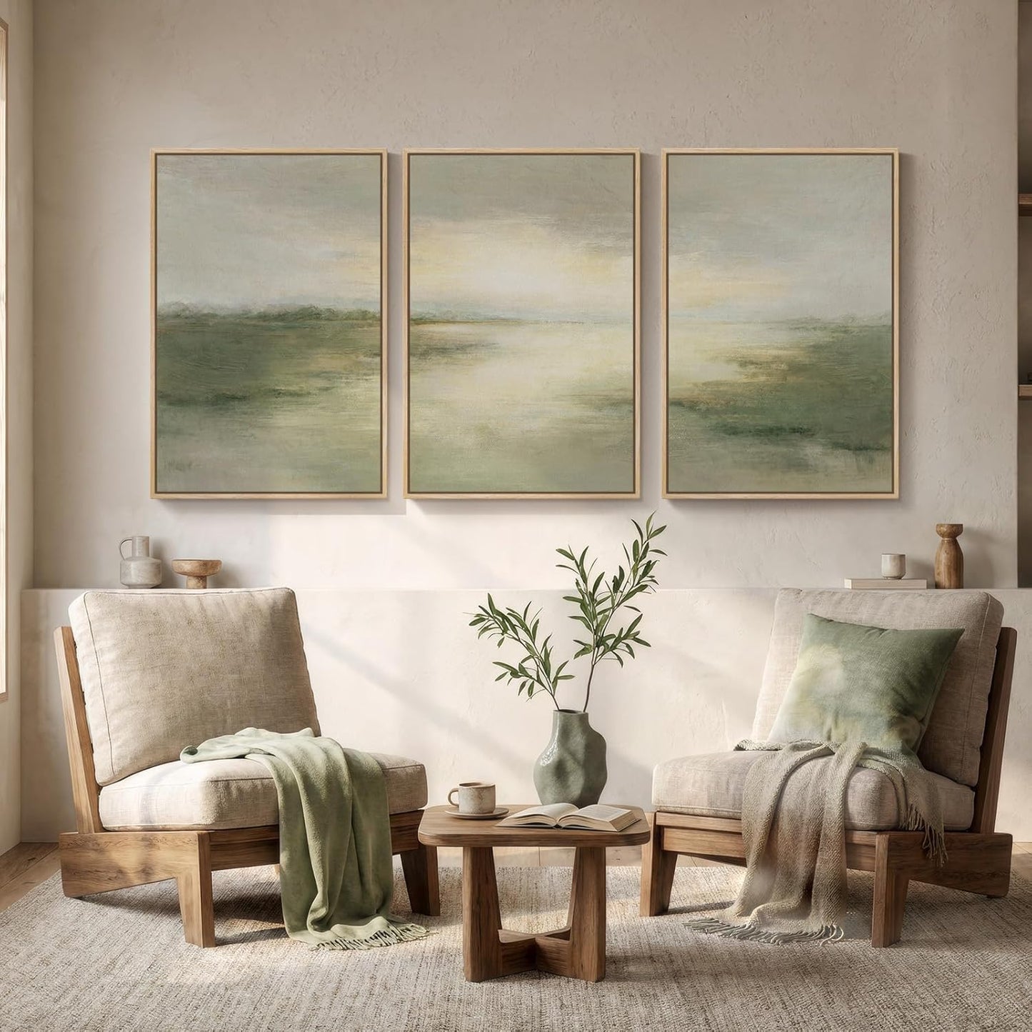 Large Framed Abstract Nature Landscape Wall Art for Living Room, Set of 3 Modern Canvas Prints Paintings Artwork for Walls, Green Lake Pictures for Hallway, Dining Room, Office Wall Decor 24x36 Inch