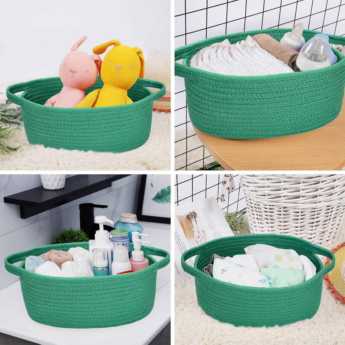 ABenkle Small Basket with Handles, Boho Decorative Rope Woven Dog Cat Toy Storage Bin Shelf Storage Organizer, Easter Christmas Gift Basket, 12"x8"x5", White