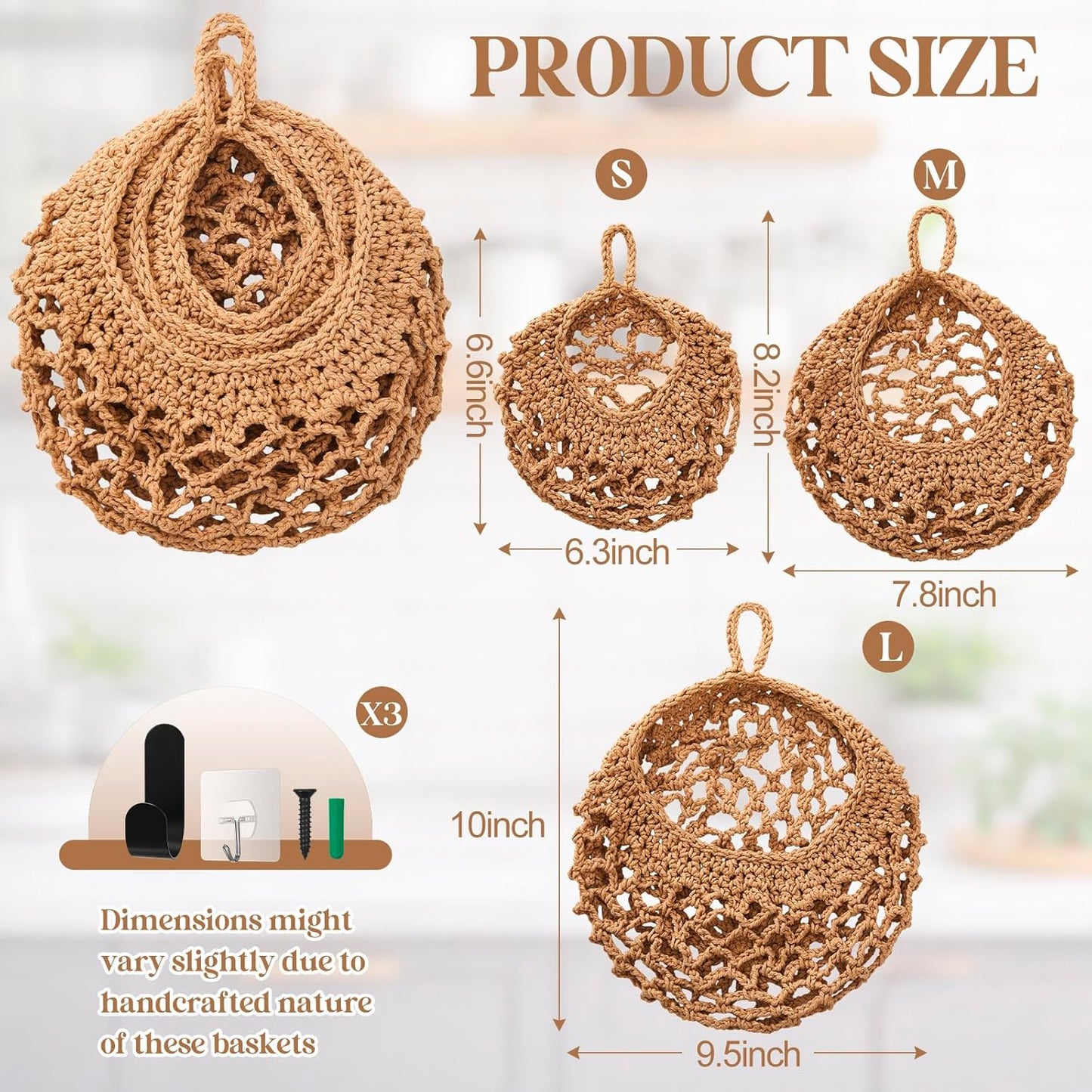 Honeydak Boho Decor Hanging Wall Baskets for Kitchen 3 Pack Teardrop Baskets with Hooks Storage Fruit Onion Vegetable Potato for Home 3 Sizes(Linen,Teardrop,Jute)
