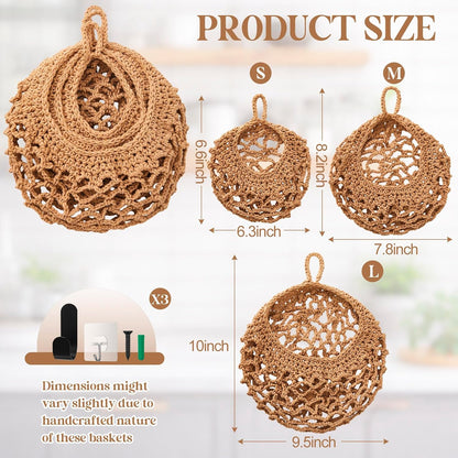Honeydak Boho Decor Hanging Wall Baskets for Kitchen 3 Pack Teardrop Baskets with Hooks Storage Fruit Onion Vegetable Potato for Home 3 Sizes(Linen,Teardrop,Jute)