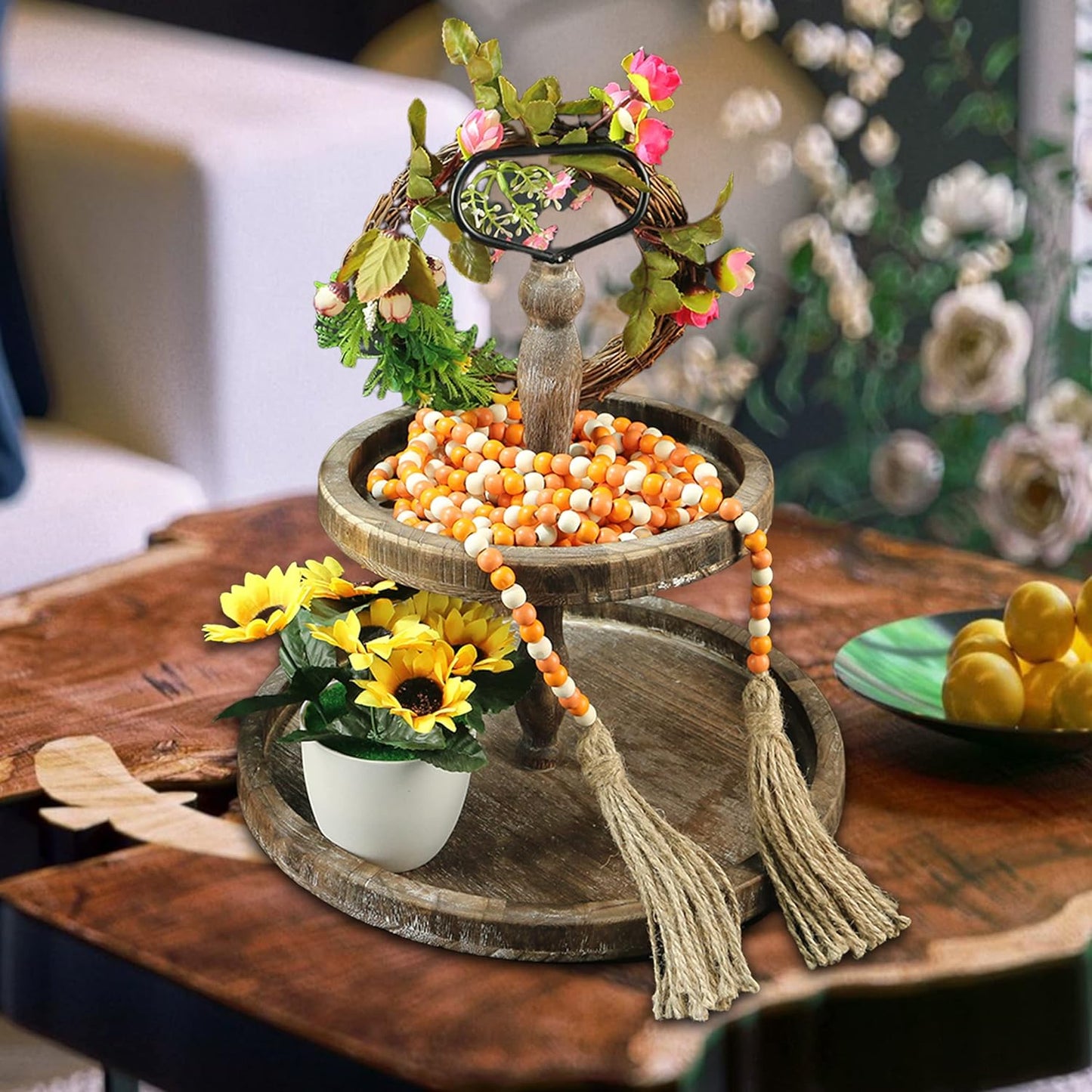 CVHOMEDECO. 16 Feet Wood Beads Garland with Tassels Farmhouse Rustic Wooden Decorative Bead String Wall Hanging Accent for Home Festival Decor. Orange