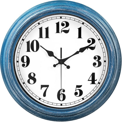 JENLYSTIME 12 Inch Indoor/Outdoor Retro Waterproof Wall Clock with Thermometer Silent Round Quartz Battery Operated Easy to Read Decorative for Kitchen Patio,Bathroom,Deck,Porch,Pool(Blue)