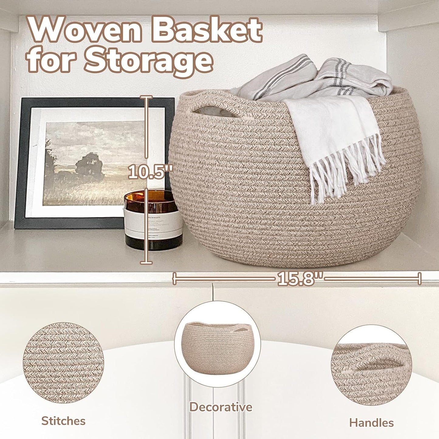 Goodpick Wicker Storage Basket for Living Room, Small Round Woven Basket for Toys, Towel, Bedroom, Children Corner Decoration Plant Baskets Indoor, Jute, 10"D x 8.3"H
