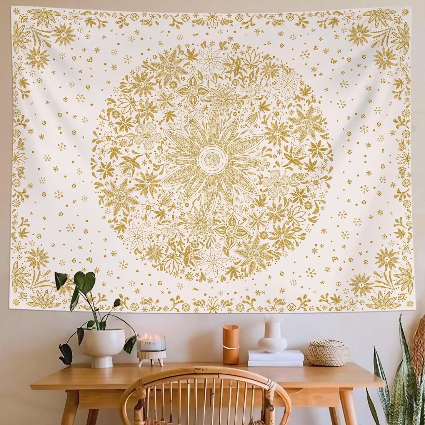 Neasow Bohemian Tapestry Wall Hanging, Beige White Floral Tapestry with Dotted Daisy Medallion Print Bedroom Boho Hippie Home Decor, 36×48 inches