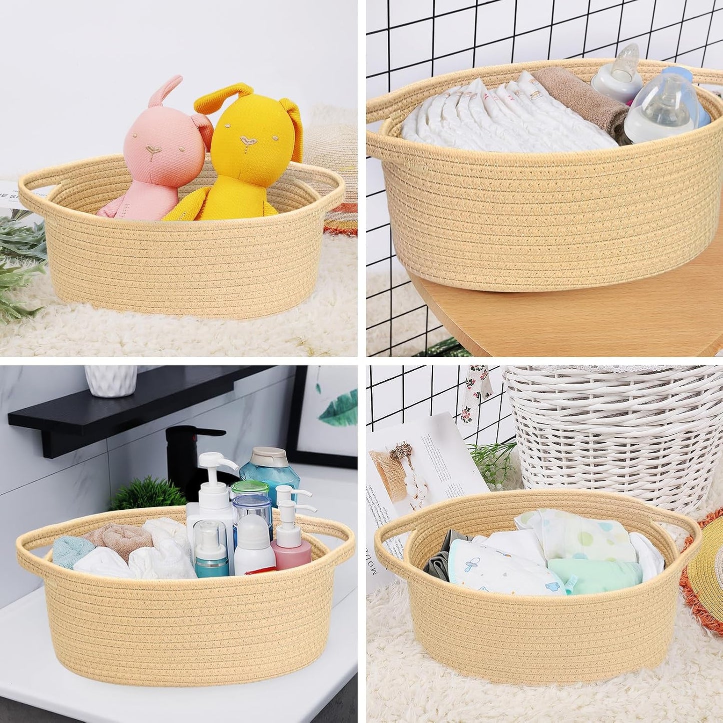 ABenkle Small Basket with Handles, Boho Decorative Rope Woven Dog Cat Toy Storage Bin Shelf Storage Organizer, Easter Christmas Gift Basket, 12"x8"x5", White