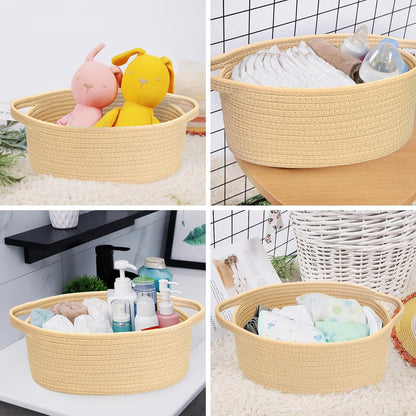 ABenkle Small Basket with Handles, Boho Decorative Rope Woven Dog Cat Toy Storage Bin Shelf Storage Organizer, Easter Christmas Gift Basket, 12"x8"x5", White