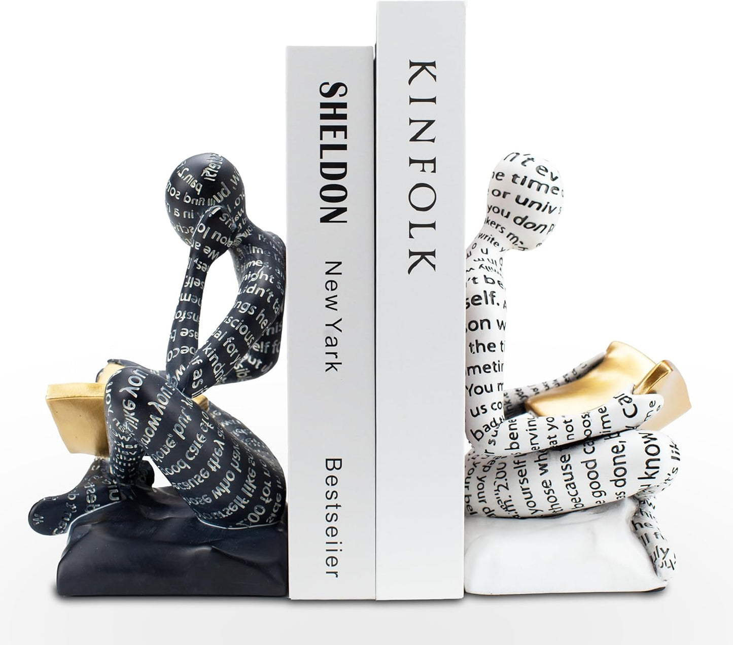 BANOMII Heavy Duty Book Ends for Shelves, Thinker Decorative Bookends for Heavy Books, Unique Book Stoppers to Hold Book, Bookshelf Accessories, Modern Home Office Decor Aesthetic Black & White