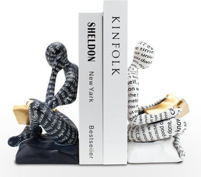 BANOMII Heavy Duty Book Ends for Shelves, Thinker Decorative Bookends for Heavy Books, Unique Book Stoppers to Hold Book, Bookshelf Accessories, Modern Home Office Decor Aesthetic Black & White
