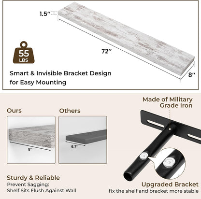 RICHFOCUS 72Inch Floating Shelves for Wall 2 Pack Shelves for Bedroom|Kitchen|Bathroom Wall Mounted Rustic Wood Floating Shelf with Invisible Brackets for Books|Storage|Decor, Rustic Brown