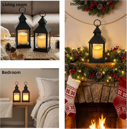2 Pack 10.2” Candle Lanterns Decorative Indoor Hanging Lanterns with Warm Flickering LED Candle 6 Hours Timer,Black Battery Powered Candle Lantern Table Centerpiece Mantle Shelf Home Decor