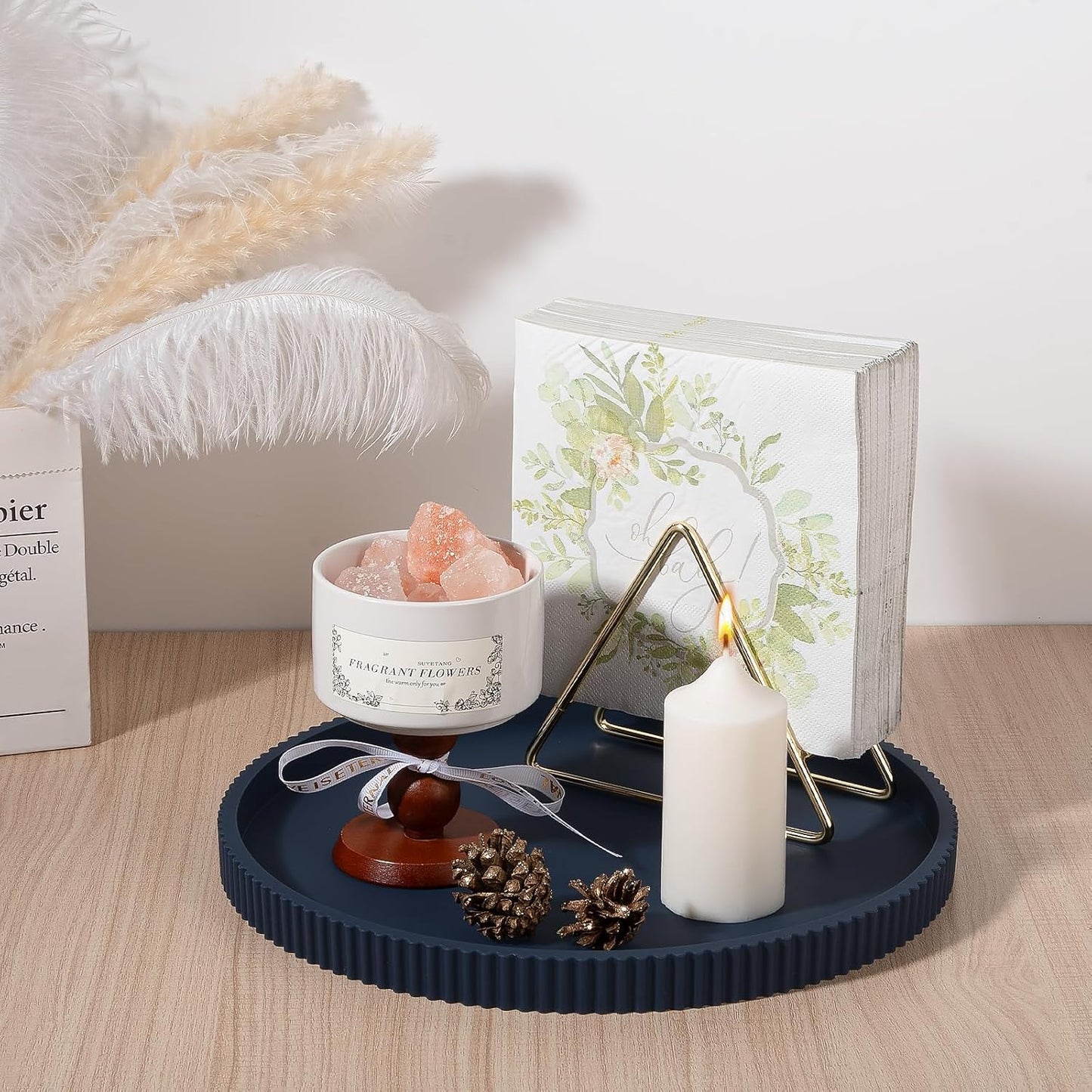 Silicone Bathroom Tray Round Kitchen Counter Organizer Decorative Vanity Accessories Coffee Table Decor for Perfume, Candle, Soap Dish, 9 Inch, Black