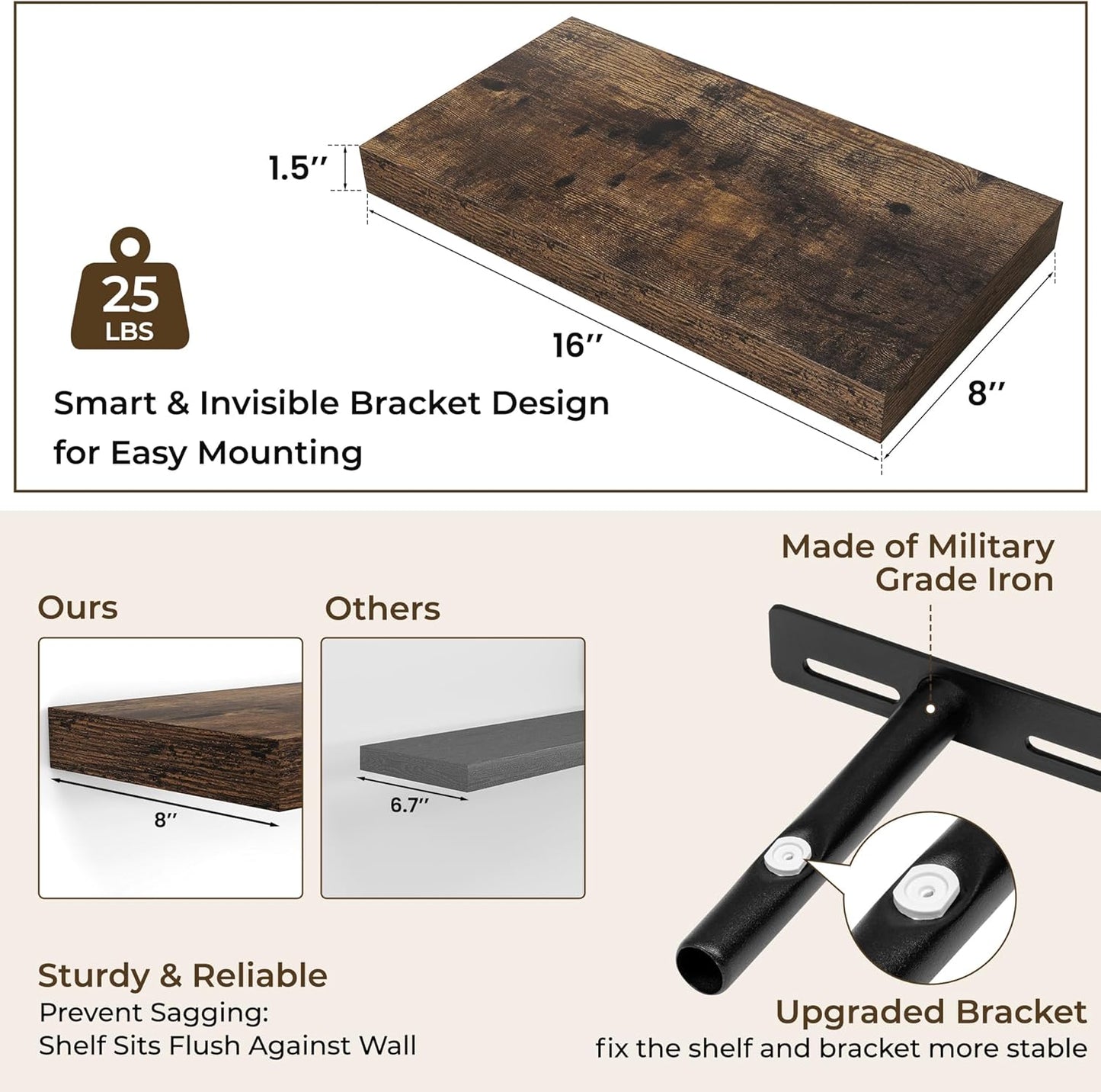 RICHFOCUS 72Inch Floating Shelves for Wall 2 Pack Shelves for Bedroom|Kitchen|Bathroom Wall Mounted Rustic Wood Floating Shelf with Invisible Brackets for Books|Storage|Decor, Rustic Brown