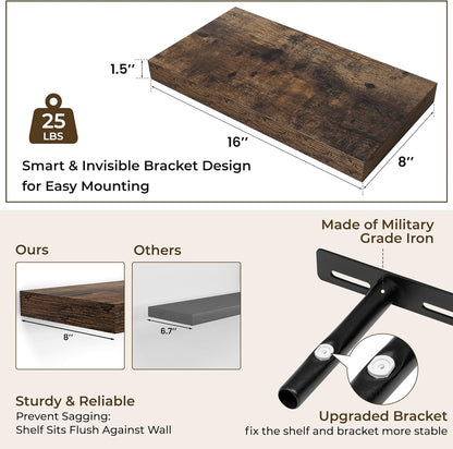 RICHFOCUS 72Inch Floating Shelves for Wall 2 Pack Shelves for Bedroom|Kitchen|Bathroom Wall Mounted Rustic Wood Floating Shelf with Invisible Brackets for Books|Storage|Decor, Rustic Brown