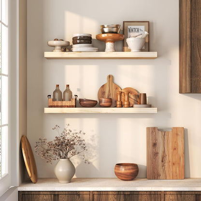 Floating Shelves 36 Inches Long - 8 Inch Deep Rustic Premium Solid Pine Wood for Storage - Farmhouse Wall Mounted for Living Room - Heavy-Duty Metal Bracket - 36" W x 8" D - Set of 2 - White Color