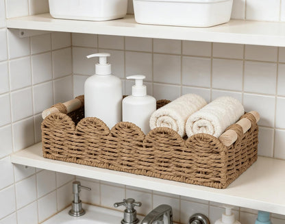CubesLand Paper Rope Scalloped Edge Toilet Paper Storage Basket, Small Living Room, Bedroom Decor Baskets for Over Toilet Storage Shelf, End Table, Shelves and More, with 2 Wooden Handle, Neutral