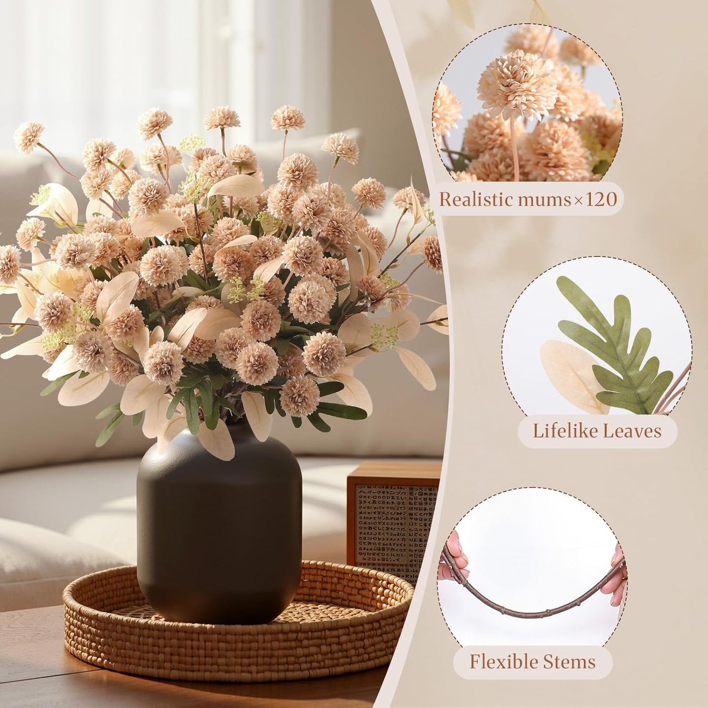 Alupssuc 16PCS Faux Silk Pompon Mums Artificial Flowers with Eucalyptus, Fake Chrysanthemum Floral for DIY Vase Arrangement, Long Stem Dining Table Centerpiece Home Decor, Beige
