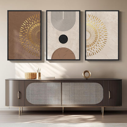 Large Framed Neutral Abstract Wall Art for Living Room, 3 Piece Modern Canvas Prints Paintings Artwork for Walls, Black and Beige Pictures for Living Room Hallway Stair Office Wall Decor 24x36 Inch