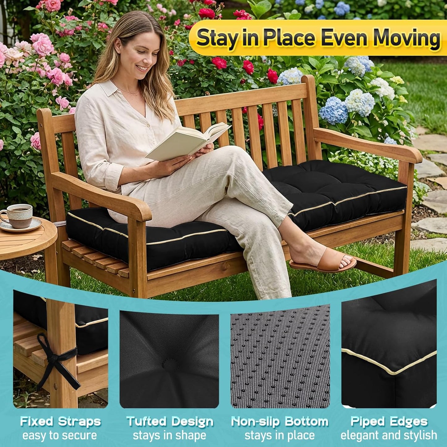 Outdoor Bench Cushion, Tufted Patio Seat Pad for Garden Bench, Porch Swing, Indoor/Outoor Furniture (Blue, 48X18X4 inch)