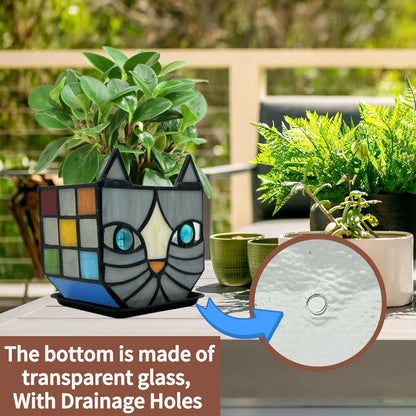 Tiffany Stained Glass Fun Moon Sleeping Cat Planter，Cactus Planter，Cute Planters for Indoor Plants,Decorative Flower Pots As Gifts for Cat Lovers，4.6x3x5.15 in