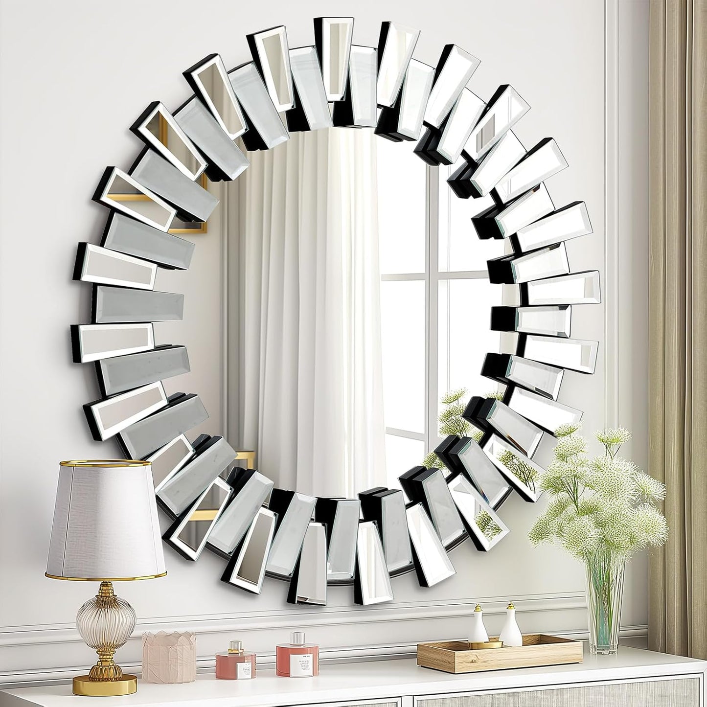 QDSSDECO Round Mirror Sunburst Wall Mirror 24" Beveled Edge Frameless for Living Room Bathroom Bedroom Entryway Decor
