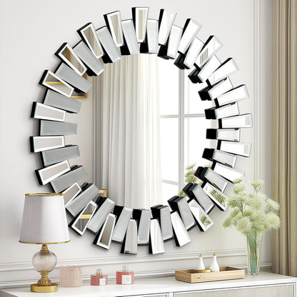 QDSSDECO Round Mirror Sunburst Wall Mirror 24" Beveled Edge Frameless for Living Room Bathroom Bedroom Entryway Decor