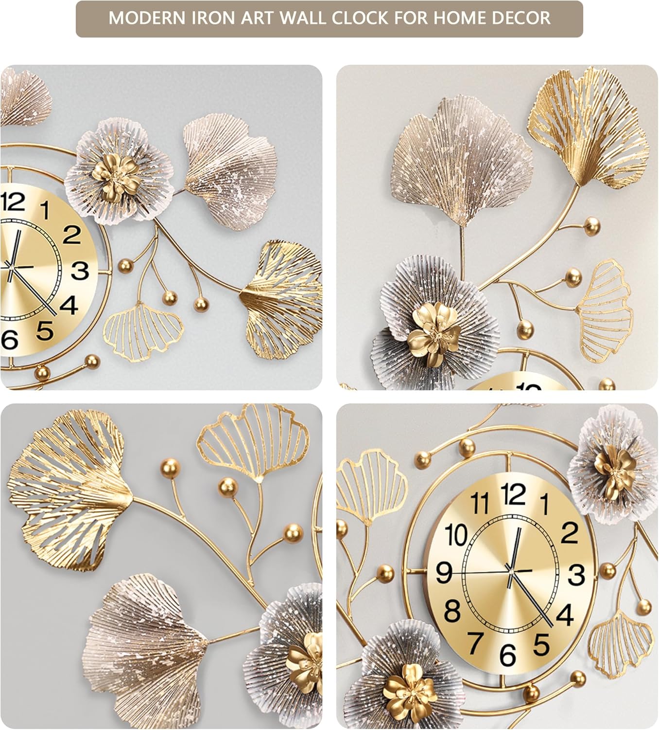 Clocks for Living Room, Large Wall Clock, 3D Silent Wall Clock, Retro Metal Ginkgo Leaf Design, for Bedroom Kitchen Decorative Wall Clocks（32''x18'' ）