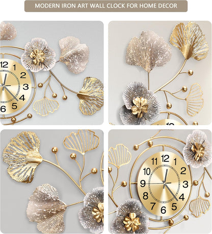 Clocks for Living Room, Large Wall Clock, 3D Silent Wall Clock, Retro Metal Ginkgo Leaf Design, for Bedroom Kitchen Decorative Wall Clocks（32''x18'' ）