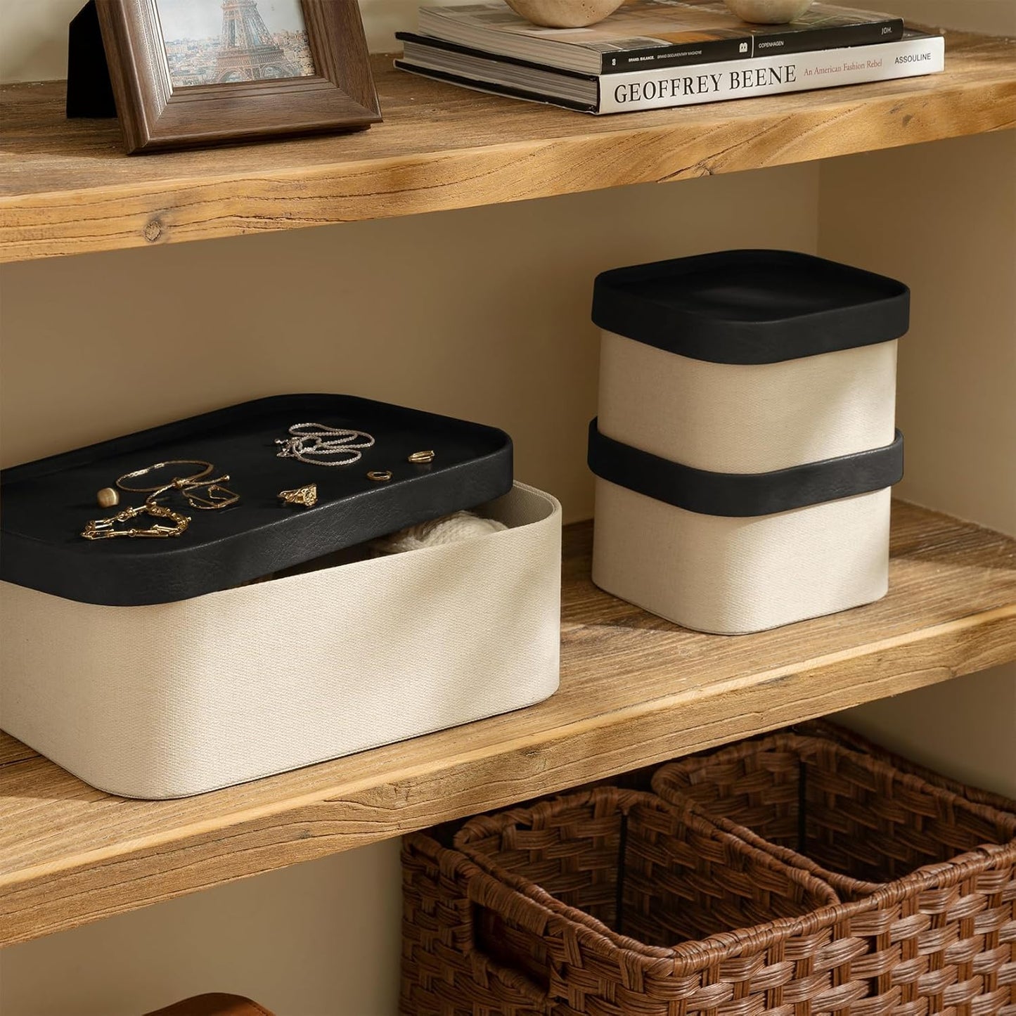 LA JOLIE MUSE Fluted Cardboard Storage Baskets with Leather-Like Lids, Sturdy Stackable Paper Boxes Decorative Tray, Chocolate Brown, Set of 3